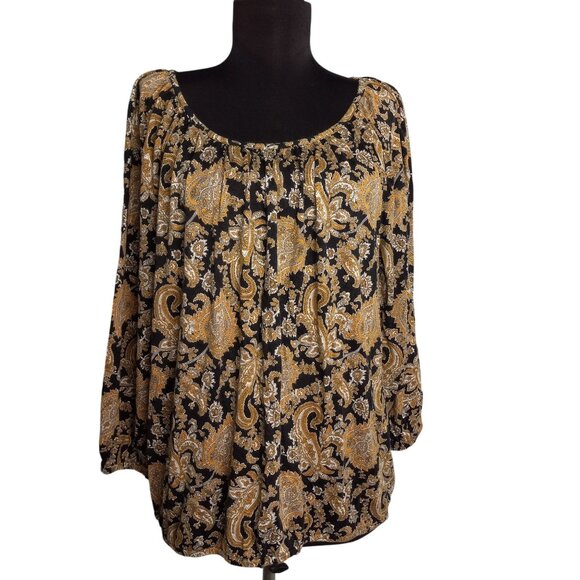 Michael Kors Size L Blouse Womens Paisley Print Black Orange Peasant Top - Picture 1 of 6